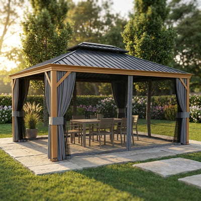 12 Ft. X 16 Ft. Double Roof Hardtop Wood Grain Aluminum Patio Gazebo with Netting and Gray Curtains