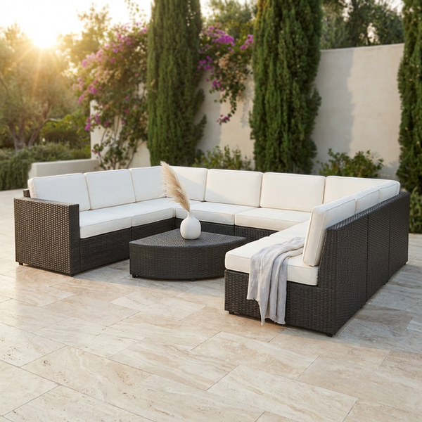 8-Piece Wicker Outdoor Patio Sectional Seating Set with White Cushions — Studio Shot