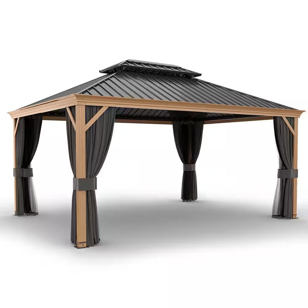 12 Ft. X 16 Ft. Double Roof Hardtop Wood Grain Aluminum Patio Gazebo with Netting and Gray Curtains