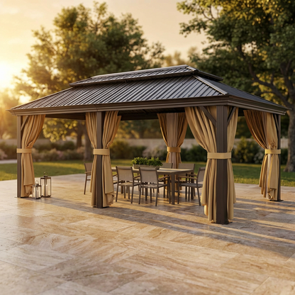12×20 Hardtop Gazebo with Metal Roof, Heavy Duty Galvanized Steel Gazebo with Reinforced Aluminum Frame, Flame-Resistant Curtain — Studio Shot