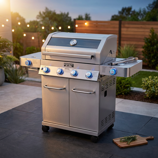 4-Burner Propane Gas Grill in Stainless with Clear View Lid, LED Controls, Side and Sear Burners — Studio Shot